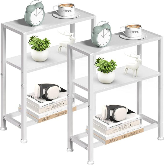 Narrow Side Table Set of 2 for Small Space, 2-Tier Small End Table with Shelf Holder, Slim Nightstand, Skinny Snack Couch Table in Living Room, Bedroom, Study, Kitchen and Balcony (White)