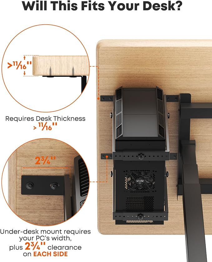PUTORSEN Under Desk PC Mount for Full/Mid-Tower Cases - Vertical/Horizontal CPU Holder up to 77 lbs, Space-Saving Computer Rack for ATX/Micro-ATX (Black)