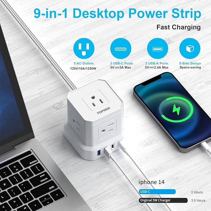 TOPREK Power Strip 25 FT Extra Long Extension Cord | Flat Plug Surge Protector (700J) with 5 Outlets, 2 USB-C, 2 USB-A for Apartment, Home Office, Recreational Vehicle