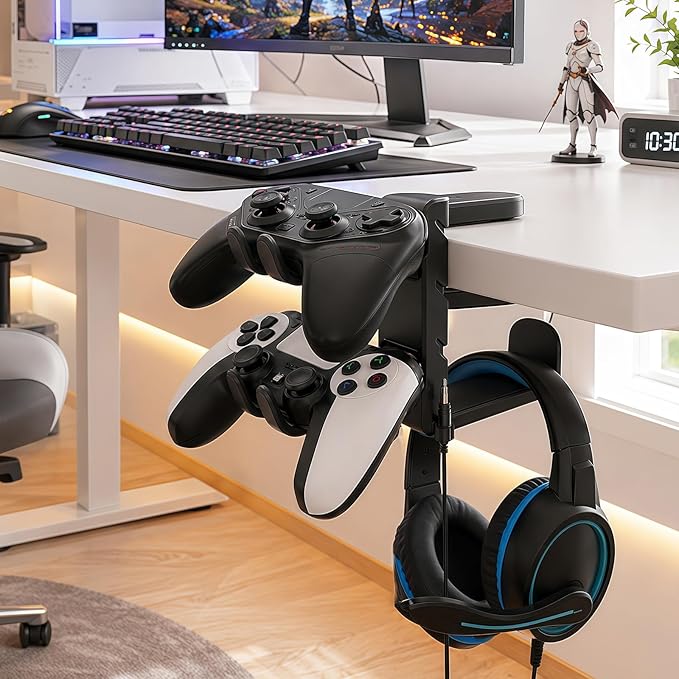 3 In 1 PC Gaming Headphone & Controller Stand Holder, Clamp On Headset Hanger with 360° Rotation Hook, Under Desk Cable Clip Organizer Earphone Storage Rack, Universal XBOX PS5 PS4 Switch Gift, Black
