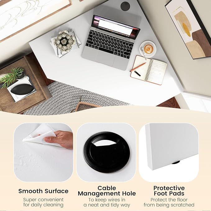 LDAILY Moccha Corner Desk, Space-Saving Computer Desk for Small Spaces, Vanity Desk with Storage Shelves & 2 Cable Holes, for Home Office, Living Room, Bedroom (White)