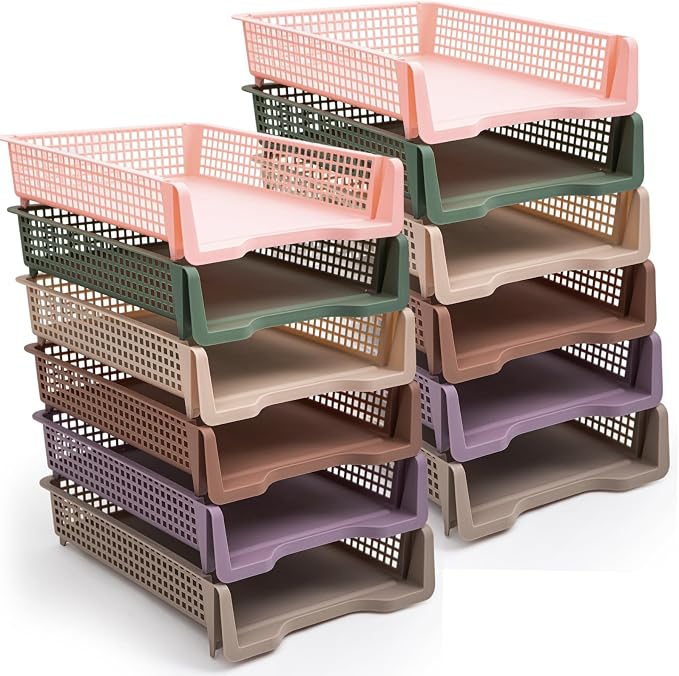 Geetery Set of 12 Plastic Trays for Teachers Turn in Trays Classroom Stackable Paper Tray Plastic Classroom Teachers Desk Letter Organizer Storage Baskets for Office, Desk, Home (Terrazzo Color)