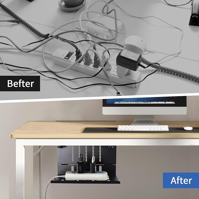 LUKETURE Desk Side Storage, Laptop Holder with Cable Management Tray, 2 in 1 Steel Under Desk Laptop Mount, Table Organization, Space Saving Table Accessories for Office and Home (Black)