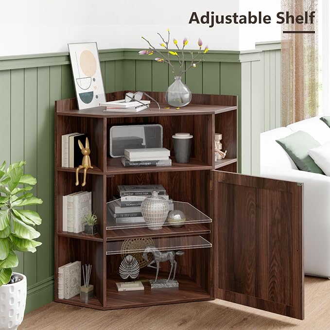 Halitaa Corner Storage Cabinet, Farmhouse Corner Bookshelf with Storage 6-Cubby Wooden Cabinet with USB Ports and Outlets Industrial Organizer for Small Space, Study, Playroom, Living Room, Walnut