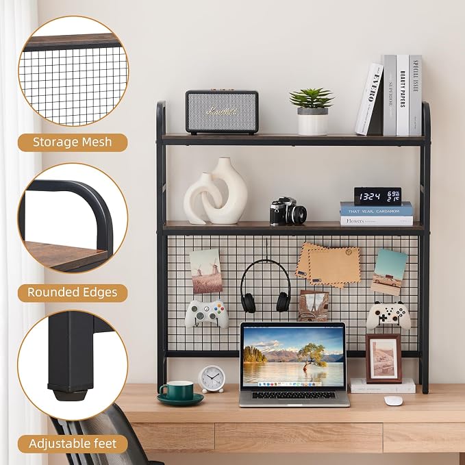 Desktop Hutch Shelf Organizer, 2-Tier Metal & MDF Desk Bookshelf with Grid Panel and Hooks for Office & Dorm (Rustic Brown, 36.8")