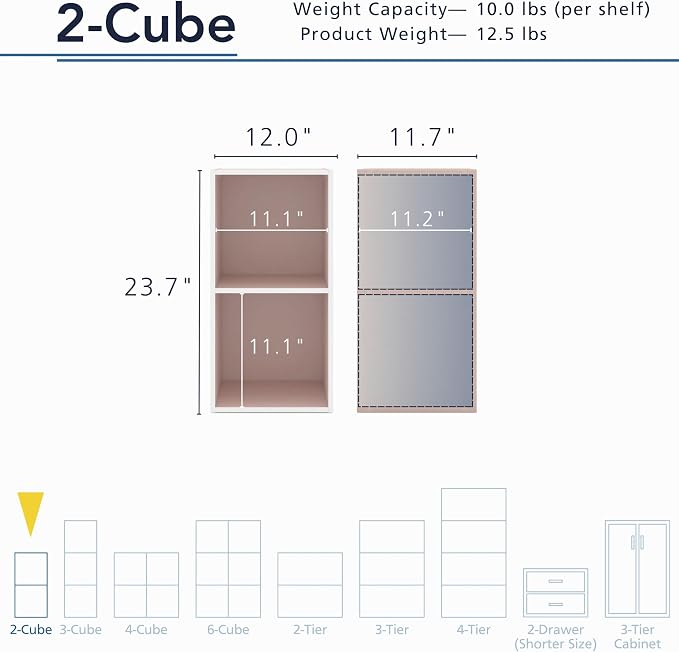Homes: Inside + Out Apexa 2-Cube Storage Organizer Shelves, Stackable Wood Bookcase Fits Cubby Bins for Organization, Dorm Teen Room Decor & Home Office, Light Pink