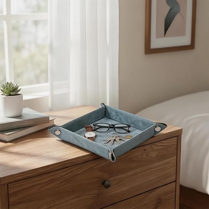 Valet Tray Desktop Storage Organizer – Vegan Leather Catchall Bedside Vanity Tray Nightstand Caddy Holder for Remote Controller, Watch, Keys, Phone, Wallet, Coin, Jewelry, Stone Blue