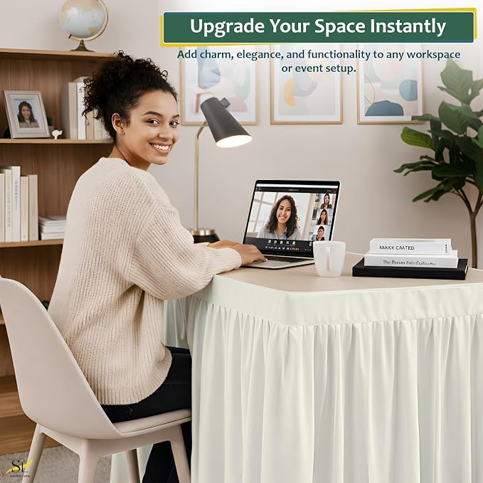 Shreem Linen Dorm Desk Skirt, Ruffled Gathered Table Cover, Custom-Fit, No Platform, Split Corners, Under Desk Storage Cover for Dorm & Home Office, Ivory Desk Skirt (D24 x W30 Skirt H30 Inches)