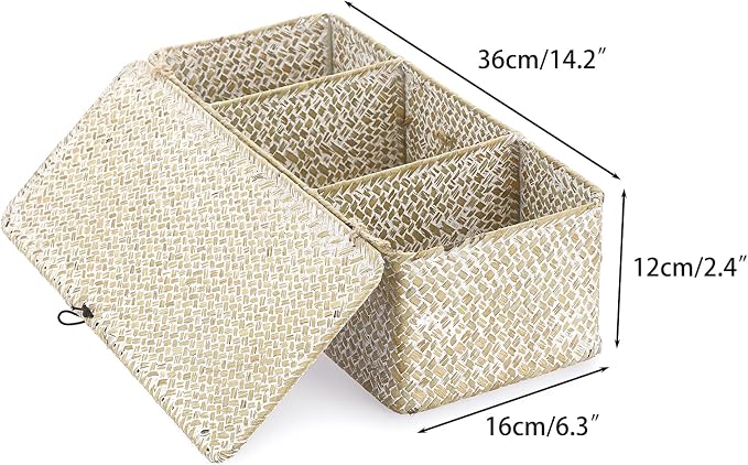 Sumnacon Small Woven Basket for Shelf Wicker Shelf Storage Basket with Sections Seagrass Storage Baskets with Lid for Tampon Toiletry Rectangular Storage Basket for Shelf Bathroom Table Desk Whitewash