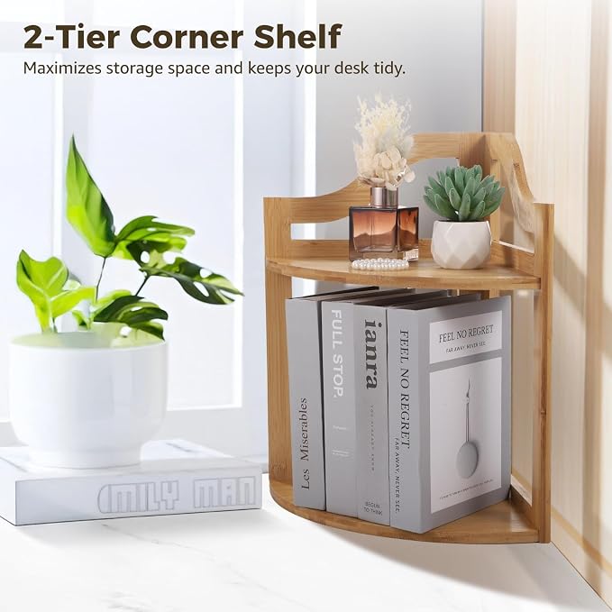 Two-Tier Wooden Corner Desk Storage Shelf, Compact Organizer for Small Spaces, Space-Saving Book and Plant Display, Easy to Install