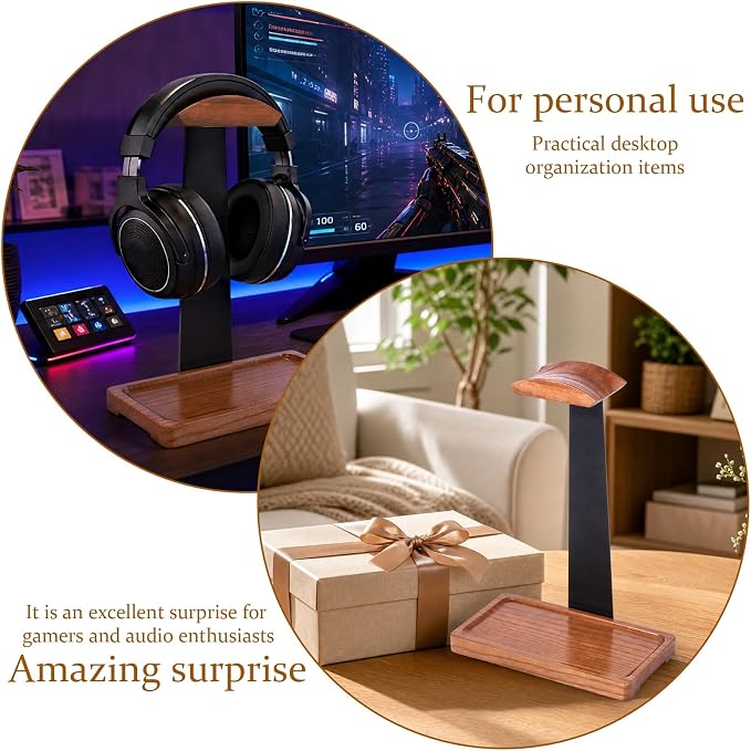Walnut Headphone Stand, Wooden Headset Stand for Desk, Wood Gaming Headphone Holder with Storage Base Present for Men Brown or Black(Brown)
