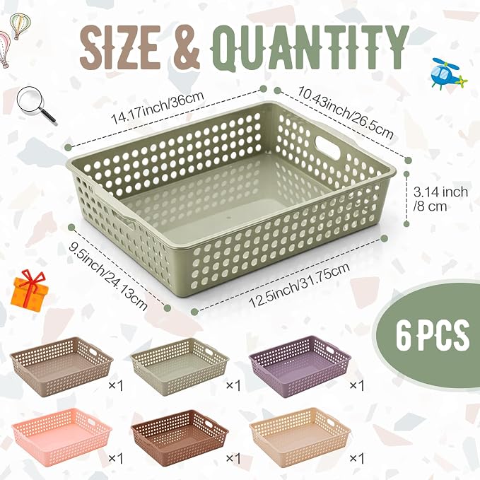 Geetery 6 Pack Classroom Storage Baskets with Handle 14''x10'' Paper Tray Holds A4 Turn in Trays Plastic Paper Baskets Desk Organizer Bin for Classroom, Library, Office, Home (Terrazzo Color)