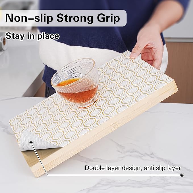 Drawer and Shelf Liner for Kitchen Cabinet,Non-Adhesive Cabinet Liner 12in x 10FT,Waterproof Shelf Paper Non-Slip Mats Cupboard Liners Contact Protect Dresser/Shelves/Table-Gold Octagonal