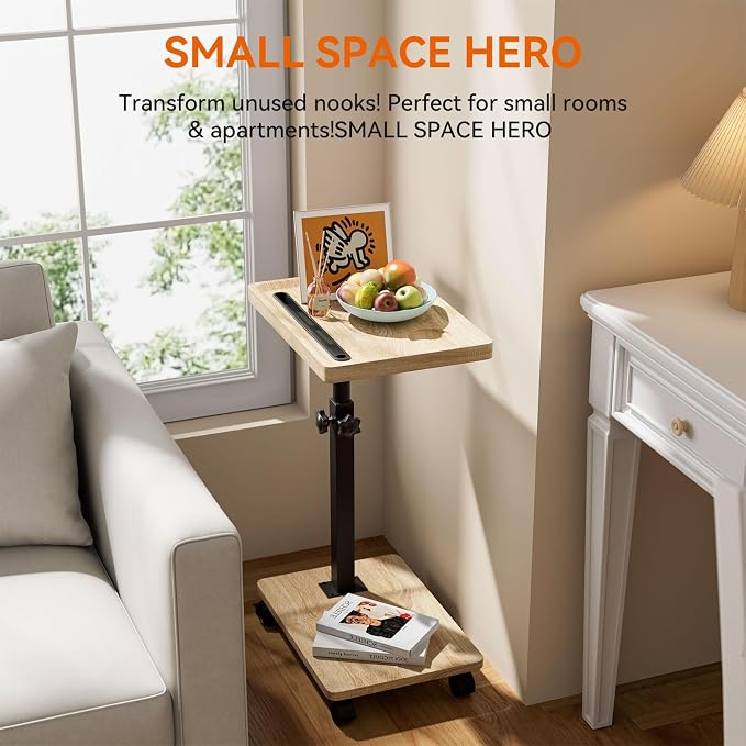 IBUYKE C Shaped Side Table Height Adjustable, 360° Swivel TV Tray Table with Wheels, End Table for Small Spaces,Living Room,Small Bedside Table for Eating, Dinner or Laptop,Natural UTVT007R