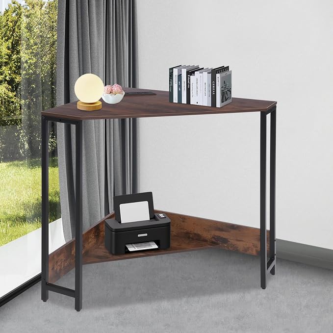 Corner Small Desk with Outlets, Triangle Desk with Storage, for Small Space Home Office, Workstation, Living Room, Bedroom (Brown)