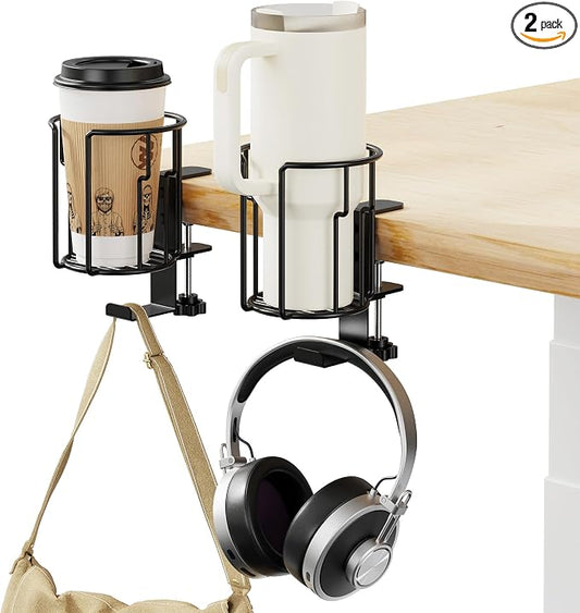 Large Desk Cup Holder, 2-in-1 Clip On Cup Holder with Headphone Hook, Heavy-Duty Metal Drink Holder for Insulated Tumblers, Big Water Bottles, Fits Office Desk Organizer, Dorm, Gaming Setup (2 Pack)