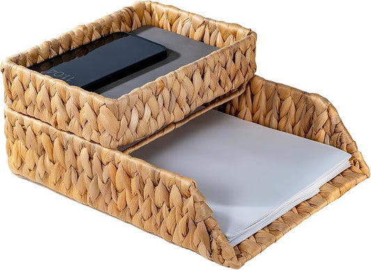 PINXIURY Woven Water Hyacinth Paper Organizer for Desk – Set of 2 Letter Trays – Tabletop Folder & Document Storage Trays – Desktop File Organizer for Home & Office