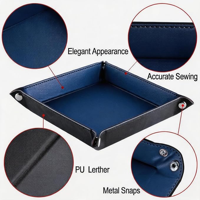 Valet Tray Desktop Storage Organizer – Vegan Leather Catchall Tray Bedside Vanity Tray Nightstand Caddy Holder for Remote Controller, Watch, Keys, Phone, Wallet, Coin, Jewelry, Navy