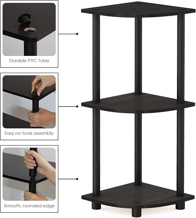 Furinno Turn-N-Tube Toolless Assembly 3-Tier Corner Shelf, Black Corner Book Shelf, Open Shelves Bookshelf, for Organization and Storage, Living Room, Home Office, Bedroom, Black Espresso
