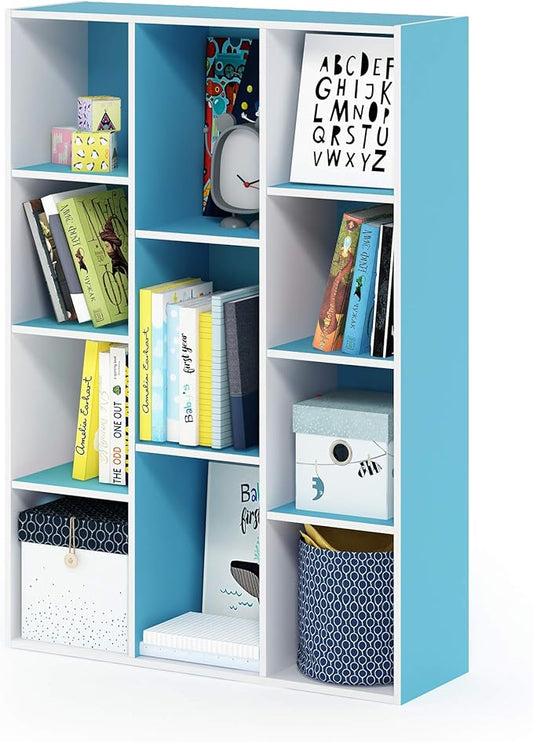 Furinno LUDER Book Shelf, 11-Cube Bookshelf, Reversible Bookcase, 9.4 x 29.1 x 41.7, Easy Assembly, for Living Room, Bedroom, Home Office, White/Light Blue