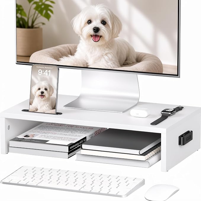 BONTEC Monitor Stand Riser with Cellphone Holder & Cable Management, 16.7 Inch Wood Monitor Riser Stand, Desktop Stand for PC/TV/Laptop/Printer, White