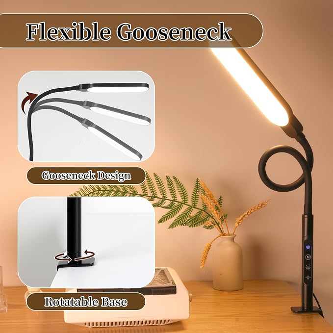 BQAN LED Desk Lamp with Clamp, 15W Eye-Caring Clip on Light, Adjustable Gooseneck Desk Lamps for Home Office with 5 Modes & 9 Brightness Levels for Reading, Studying, Nail Art, and Work(Black)