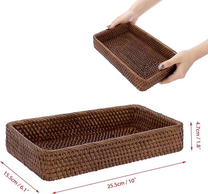 Sumnacon 10 Inch Rattan Bathroom Vanity Tray - Decorative Wicker Toilet Tank Tray for Paper Hand Towel, Vintage Storage Basket Bin for Bathroom Kitchen Toilet Tank Vanity Countertop Table Shelf, Brown
