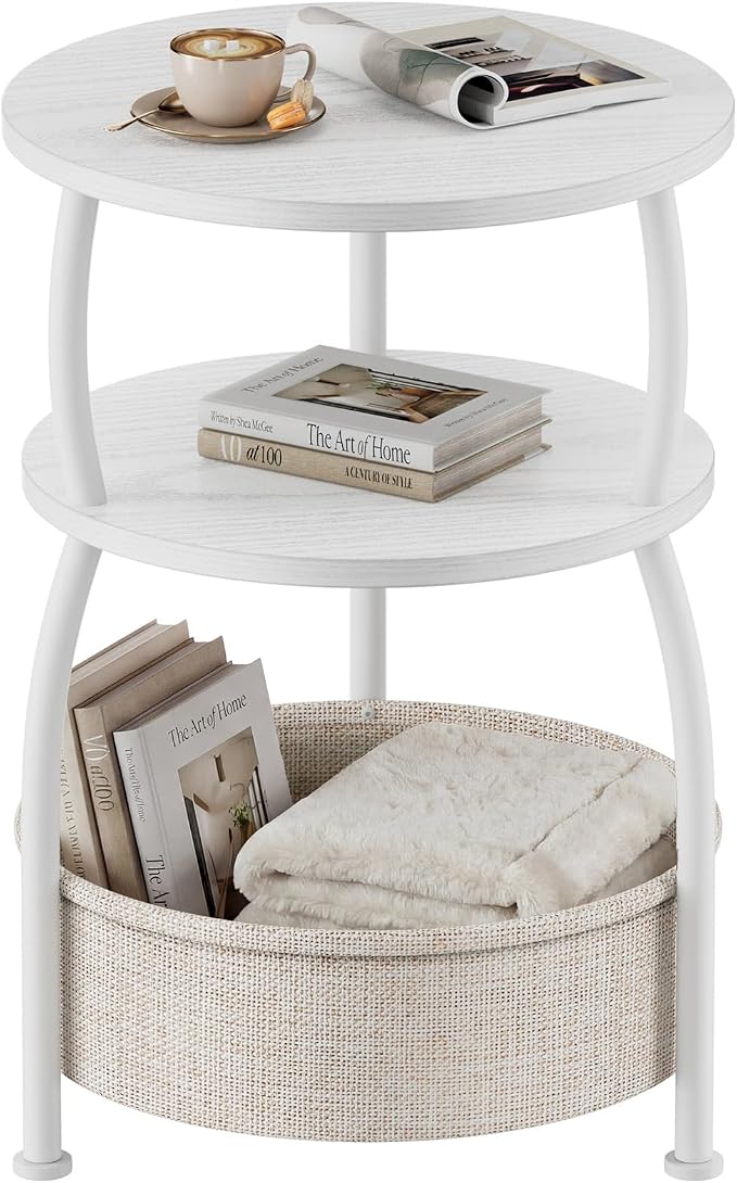 Round Side Table with Fabric Basket, Small Space Saving End Table 3-Tier Bedside Corner Table for Living Room, Bedroom, Garde Rustic Matte White 15.75in
