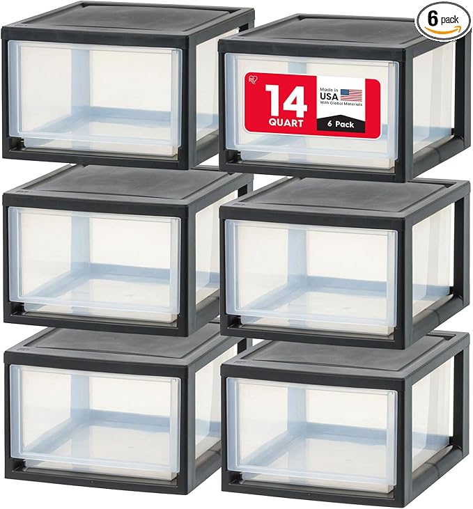 IRIS USA 14.5 Qt. Plastic Drawer Storage Organizer Stacking Drawers, 6-Pack, Stackable Unit with Sliding Drawer for Clothes Bedroom Kitchen Under Sink Pantry Craft Room Bathroom Dorm Office, Black