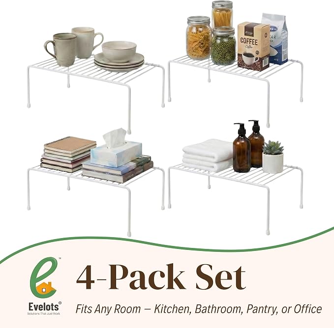 Evelots Kitchen Cabinet Wire Shelf Organizer/Rack - 4 Pack Sturdy Metal Shelf Risers - Double Your Counter Space - Great for Kitchen, Freezer, Pantry and Bathroom - Rustproof - White