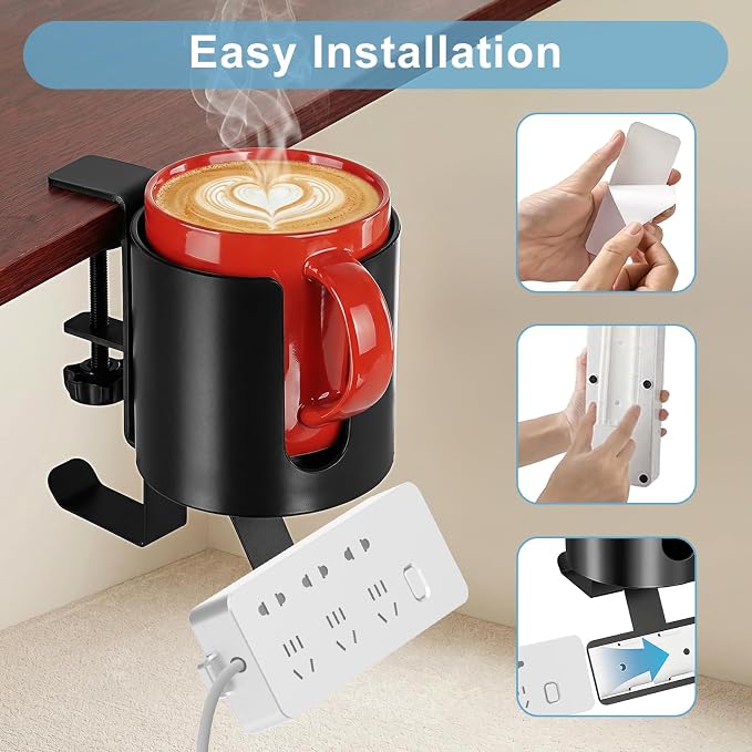 MYITYARD 3 in 1 Desk Cup Holder Clamp, Clip On Table Cup Holder with Headphone Hook & Power Strip Holder, Rotatable Water Bottle Drink Coffee Mug Organizer, Gaming Accessories for Home and Office