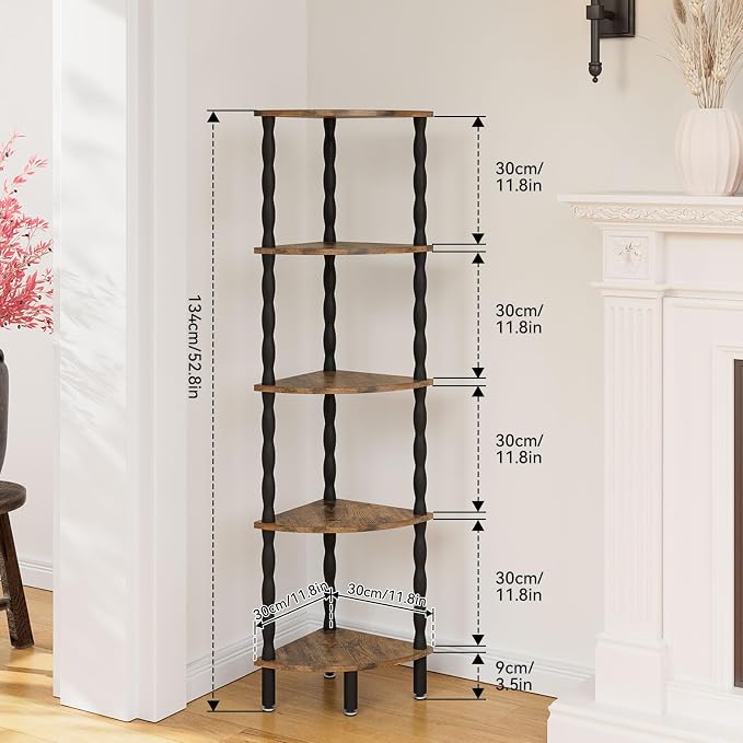 IBUYKE 5-Tier Corner Shelf,Stylish Corner Bookshelf for Small Spaces,Industrial Corner Storage Display Shelves,Small Corner Table for Bedroom,Bathroom,Kitchen, Brown WBC020H