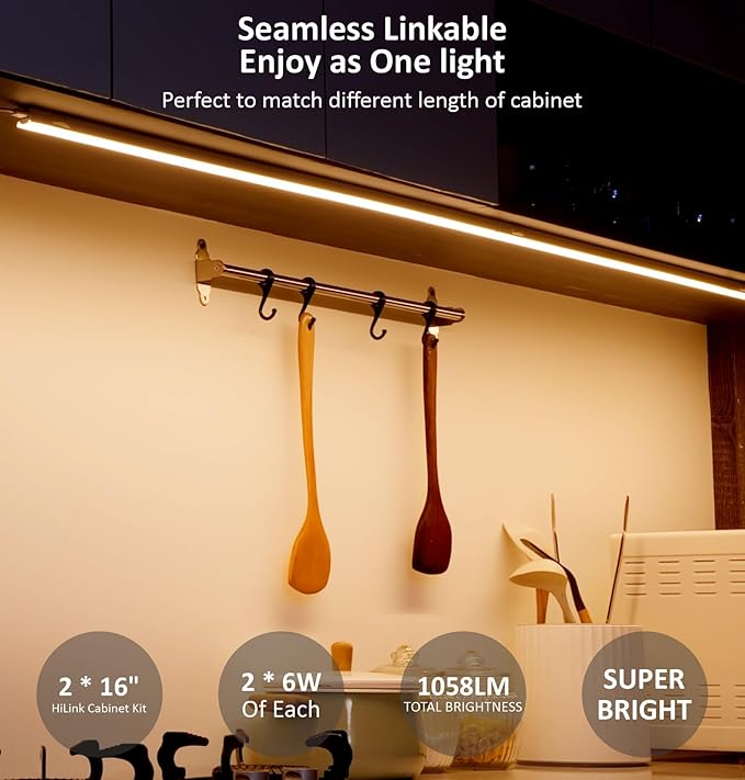 Leetdud Under Cabinet Lighting Plug in, 16 Inch 2 Pcs, Linkable AC120V 3CCT 3000K/4000K/5000K Ultra Slim, LED Under Cabinet Lights for Counter Light, Kitchen, Shelf, Sink, Workshop, Desk, White