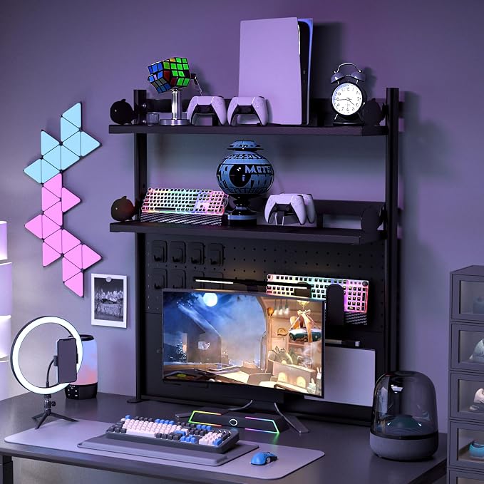 Modern Metal Clamp-On Desk Hutch with Pegboard, 2-Tier Desktop Organizer Shelf for Home Office or Gaming Desk, 31.4", Black
