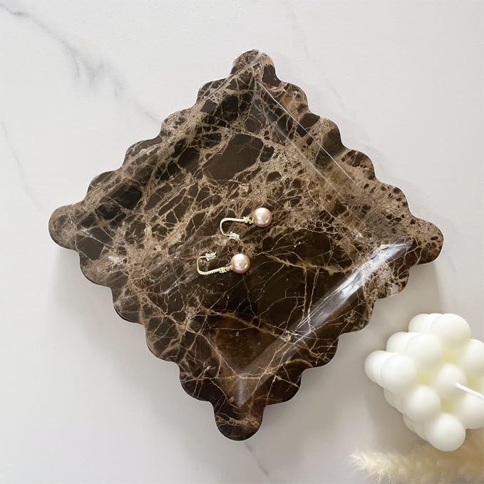 Vintage Natural Marble Tray Small Ornaments Scalloped Tray Handmade Storage Dish for Counter, Vanity, Dresser, Nightstand and Desk (Coffee Net)