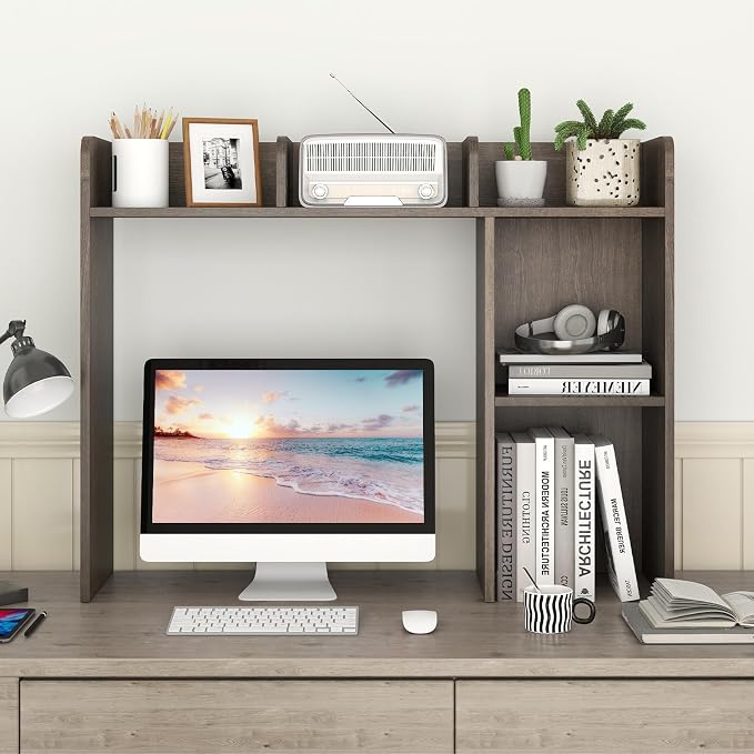 Desktop Bookshelf, 3-Tier Desk Organizer Shelves with 5 Display Rack, Countertop Storage Bookcase for Computer Desk, Desk Hutch Shelf for Top of Desk, Dorm, Home, Office (Grey)