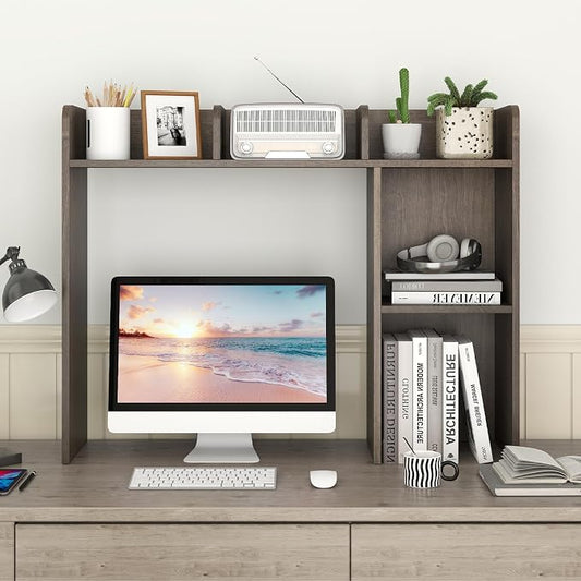 Desktop Bookshelf, 3-Tier Desk Organizer Shelves with 5 Display Rack, Countertop Storage Bookcase for Computer Desk, Desk Hutch Shelf for Top of Desk, Dorm, Home, Office (Grey)