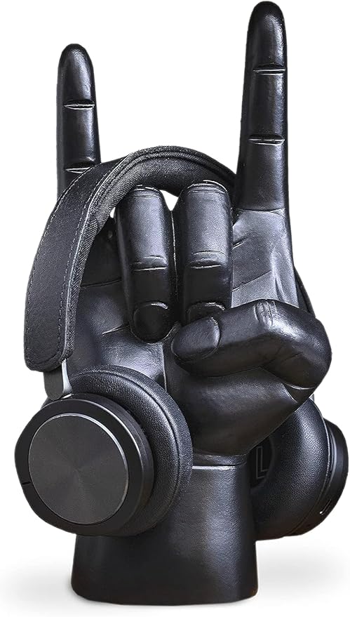 Luckies Headphone Stand - Headphone Holder - Rock On Hand - Headset Stand - Mens Jewellery Holder - Mens Desk Accessories - Controller Holders - Guitar Accessories - Desk Tidy - Dad Rock Gifts - Black