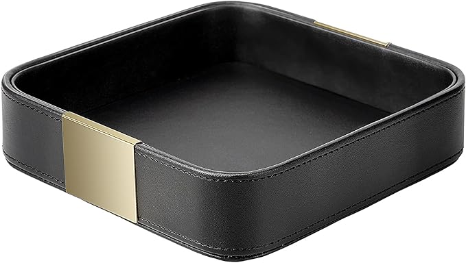 SANZIE Luxury Leather Desktop Storage Small Catchall Organizer Decorative Tray for Entryway Table to Hold Jewelry Watch Cosmetics Keys Phone Wallet, Home & Office Accessories (Metal Gilded, Black)