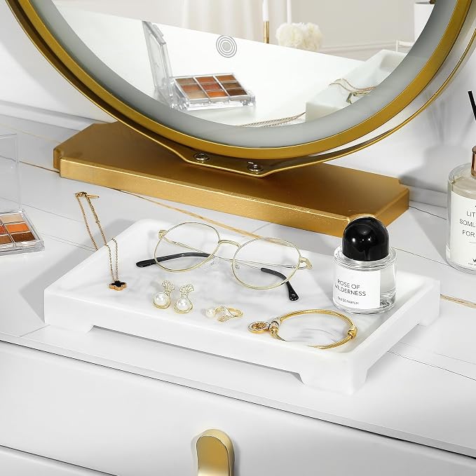 Luxspire Resin Vanity Tray, Bathroom Toilet Tank Storage Tray, 10.03 x 5.9 in Kitchen Sink Trays Decorative Serving Tray, Vanity Countertop Organizer for Makeup Towel Perfume Holder, M, White Marble