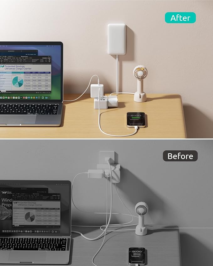 NUTICT 3FT Short Extension Cord with Outlet Cover, Flat Plug Power Strip with 3 Outlets & 3 USB-C & 1 USB-A Port, Wall Mountable, Flat Face Outlet Extender Hidden Behind Couch, Bed, Desk, White