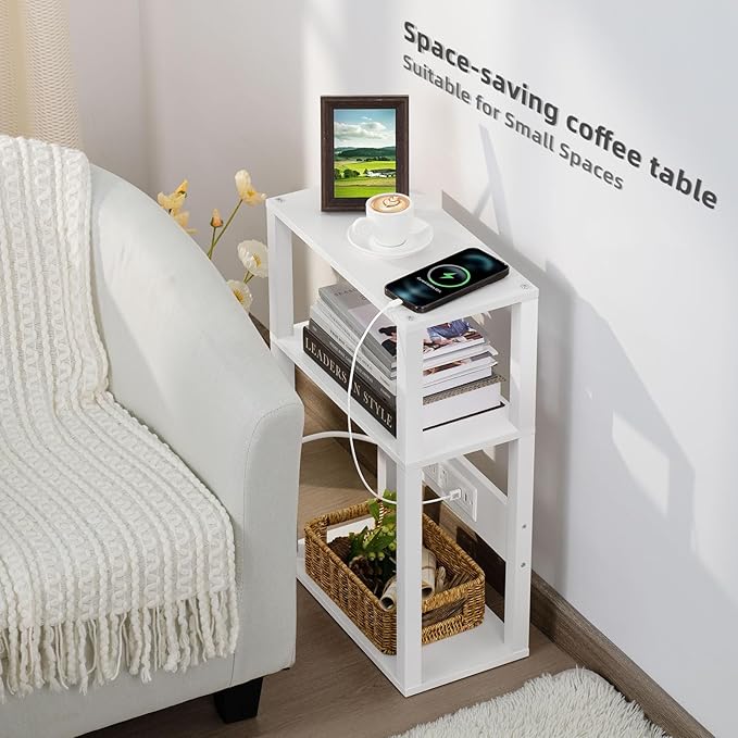YUFAM 3-Tier Small Narrow Wood Side Table Set of 2 with Charging Station - Skinny Nightstand for Small Spaces, Slim Bedside Table with USB Ports and Outlets - Thin End Table with Storage, White