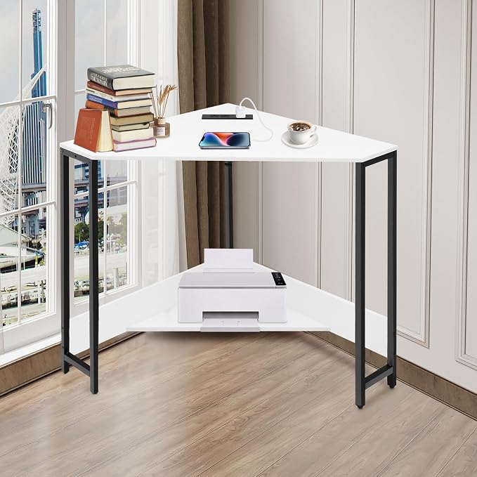 Corner Desk, Triangle Corner Computer Desk, 26.77 * 29.53in Modern Small WritingDesk with Power Outlets and USB Ports for Small Space, Home Office Desk, White