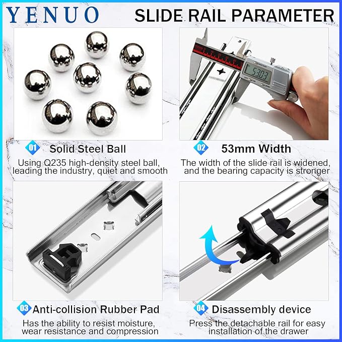 YENUO Heavy Duty Drawer Slides Full Extension 12 14 1618 20 22 24 26 28 30 32 34 36 38 40 Inch Side Mount Ball Bearing RailsTrack Guide Glides Runners 235 Lbs 1 Pair (No Lock) -W:53mm, 22 Inch