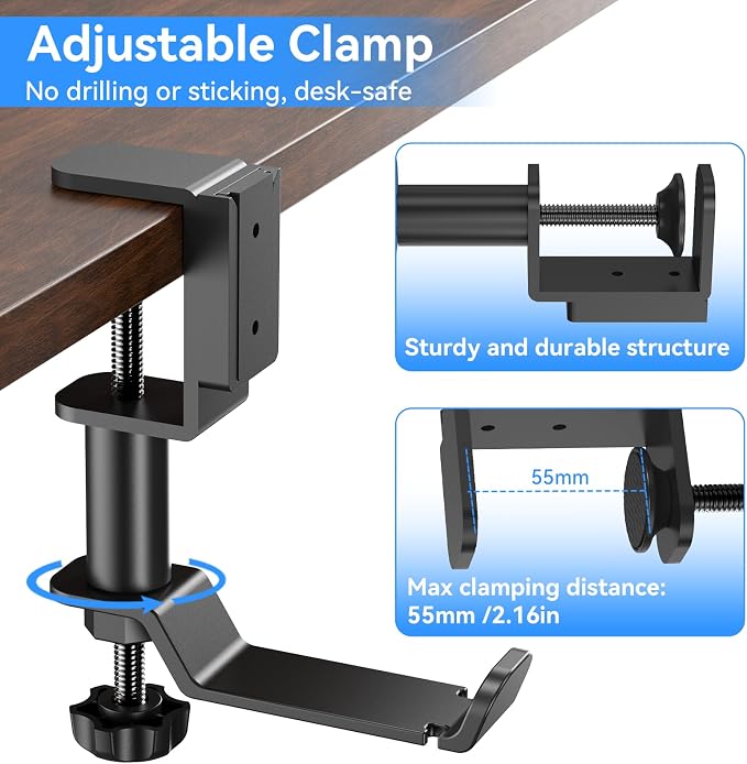 Desk Cup Holder Clamp with Headphone Hanger and Storage Tray | Clamp on design, rotating headphone hanger, detachable storage tray, cable holes, fits 5-50mm desks