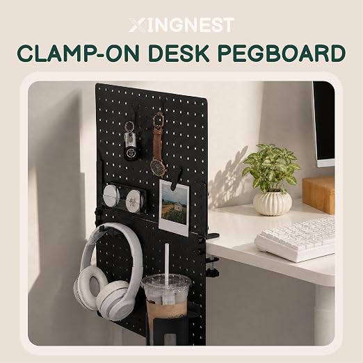 Clamp On Desk Pegboard 32" x 12" with Accessories - No Drill Metal Desktop Organizer & Privacy Panel - Vertical Storage Divider for Home Office and Gaming Setup, Black