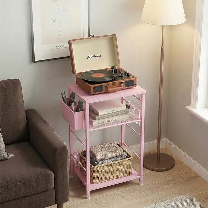 ECOLOVI 3 Tier Printer Stand for Under Desk, Height Adjustable Shelf Small Printer Table with 3 S-Hooks & Basket, Heavy Duty Industrial Storage Shelf for Home Office (Pink Wood)