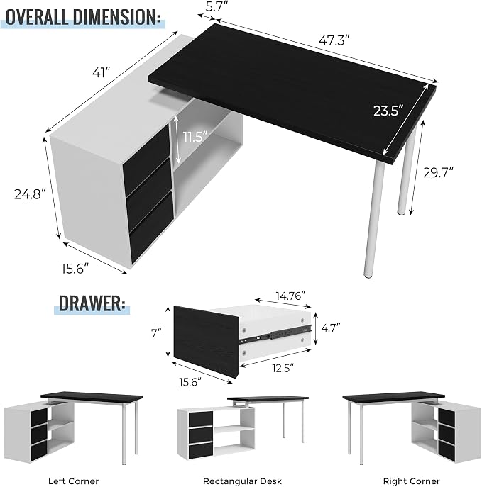 Mekminop L Shape Small Desk - Computer Corner Desk with 3 Drawers and 2 Shelves, 53 inch Home Office Table with Storage Cabinet for Gaming Writing Study, White+Black