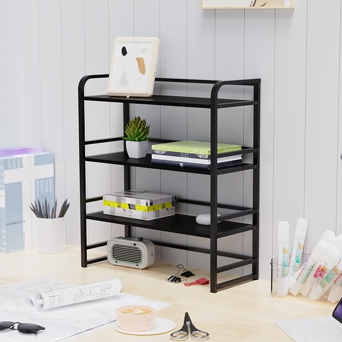 Office Desk Shelf Organizer, Wood Desktop Bookshelf Supplies Storage Rack, Shelf for Top of Desk and Dresser and Cubicle Decor Aesthetic Bookshelf (Black Black, Three Tier, 19.69Lx7.87Wx22.05H)