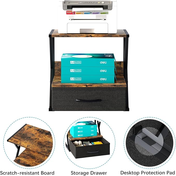 aboxoo Printer Stand for Desk with Storage Drawer, 2 Tier Desktop Or UnderDesk Shelf, Multi-Purpose Desk Organizer for Home Office, fit Fax Machine/3D Printer/Scanner, Rustic Brown